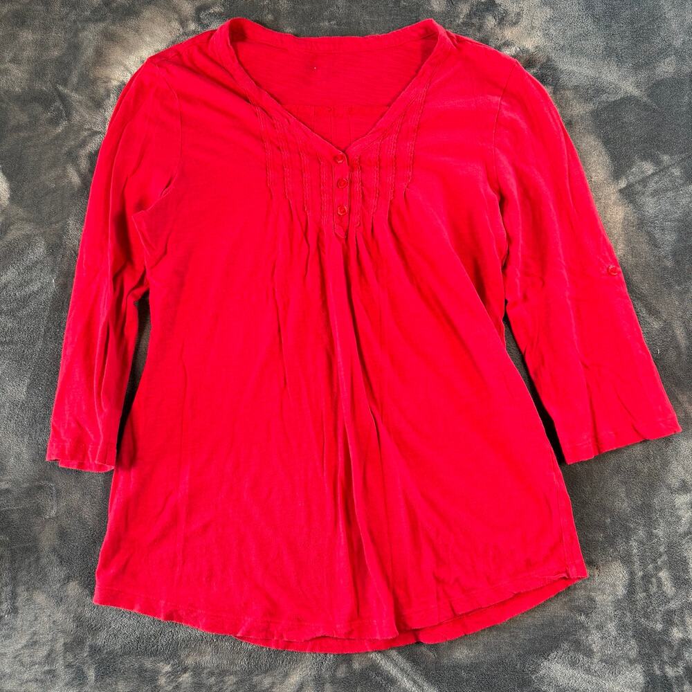 Kim Rogers Womens Medium Red Pintuck 3/4 Sleeve Henley Tunic Top